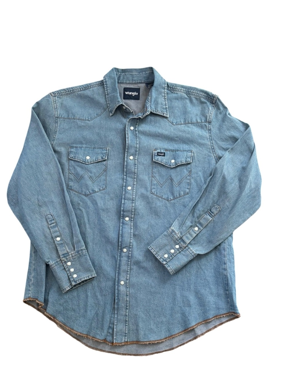 Wrangler Western Denim Pearl Snap LS Work Shirt Sz XL Stonewash Cowboy Cut Rodeo